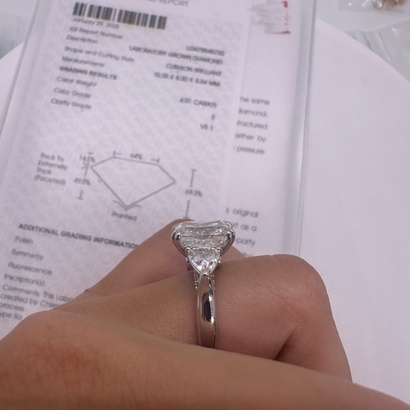4.01 carat E VS1 elongated cushion with trillion side diamonds engagement ring - Picture 7 of 10